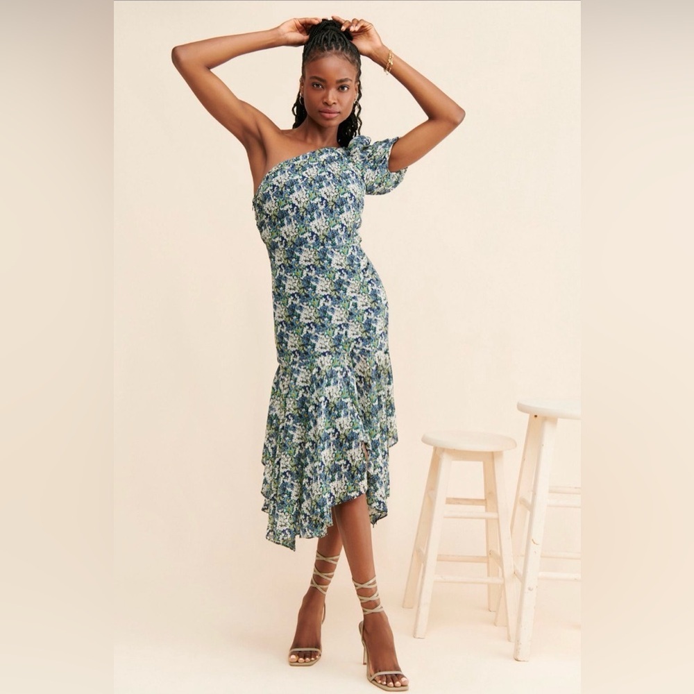 ASTR The Label Santorini Blue Green Floral One Shoulder Dress M - Picture 3 of 9